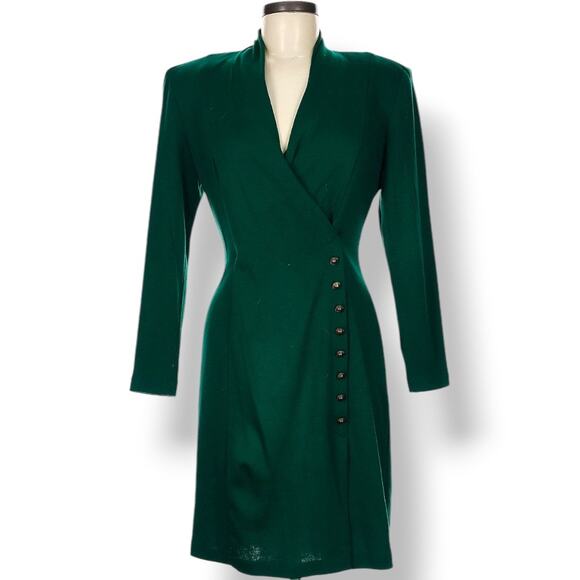 Vintage 80s All That Jazz Green Wrap Dress Long Sleeve Button Front Knee Length - Picture 1 of 10